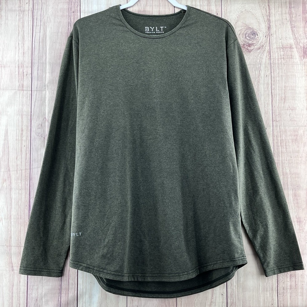 BYLT Premium Basic‎ Long Sleeve Lux Shirt Men's Sz L Olive Green Casual Stretch